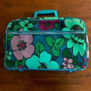 Vintage Suitcase Bantam Flower Power Luggage Blue Green Canvas Lock Zipper 1960s